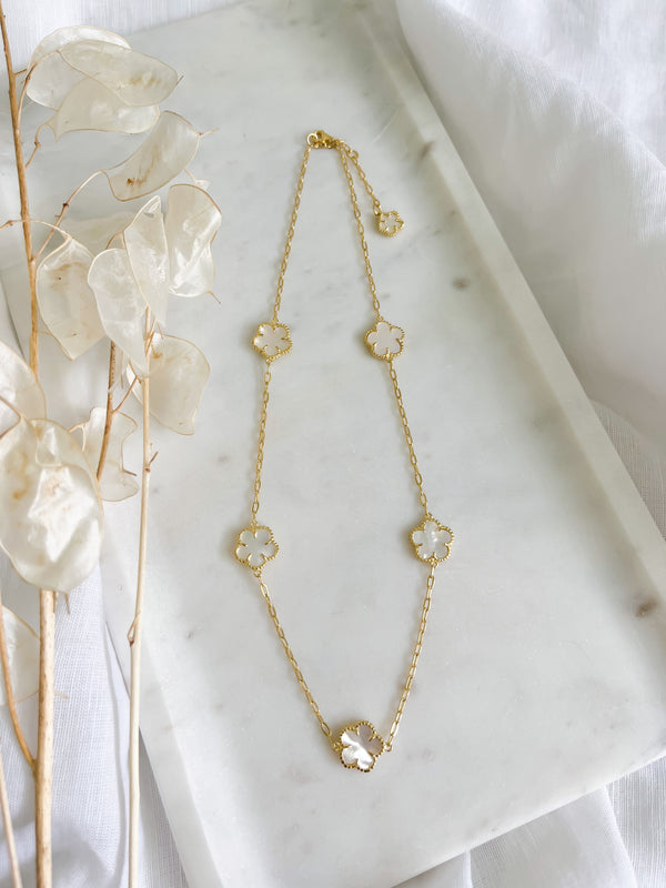 Mother of Pearl Flower Paperclip Necklace