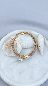 Capri Beige Leather & Pearl Wrap Bracelet