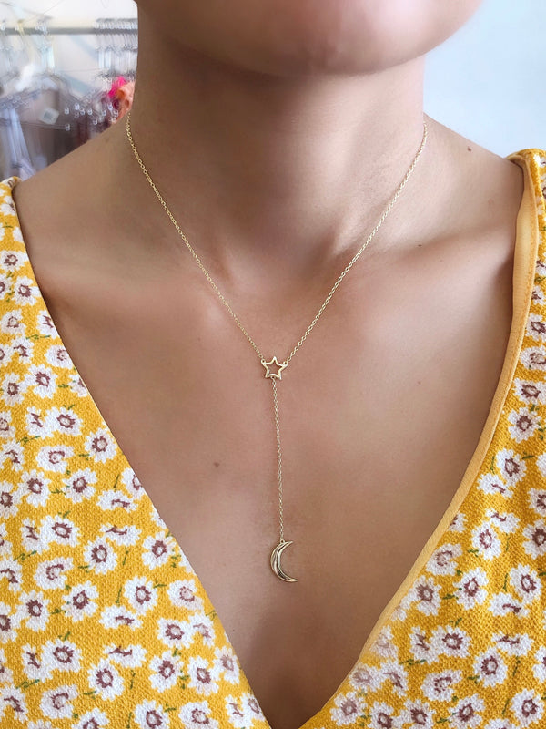 Open Star & Moon Gold Y Necklace