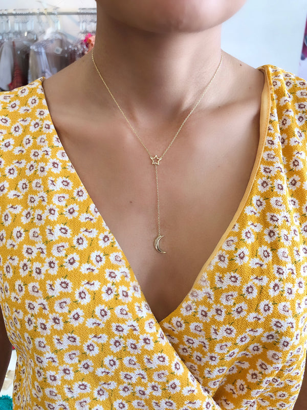 Open Star & Moon Gold Y Necklace