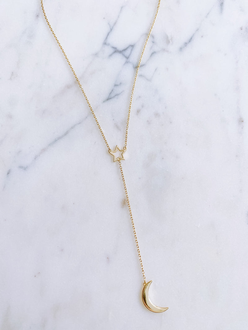 Open Star Moon Gold Y Necklace – Forever Golden - Main Image